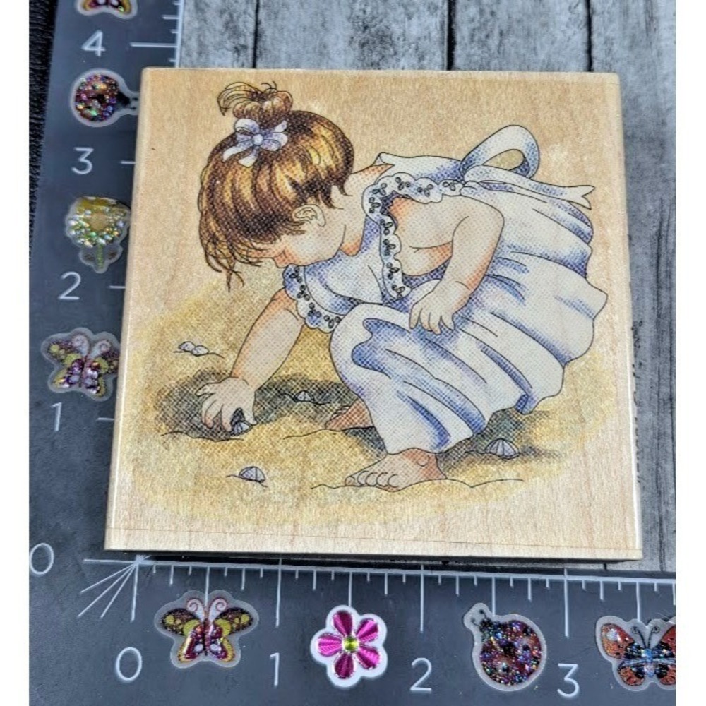 Stamps Happen Collecting Sea Shells 50031 Little Girl Rubber Stamp Wood #B13